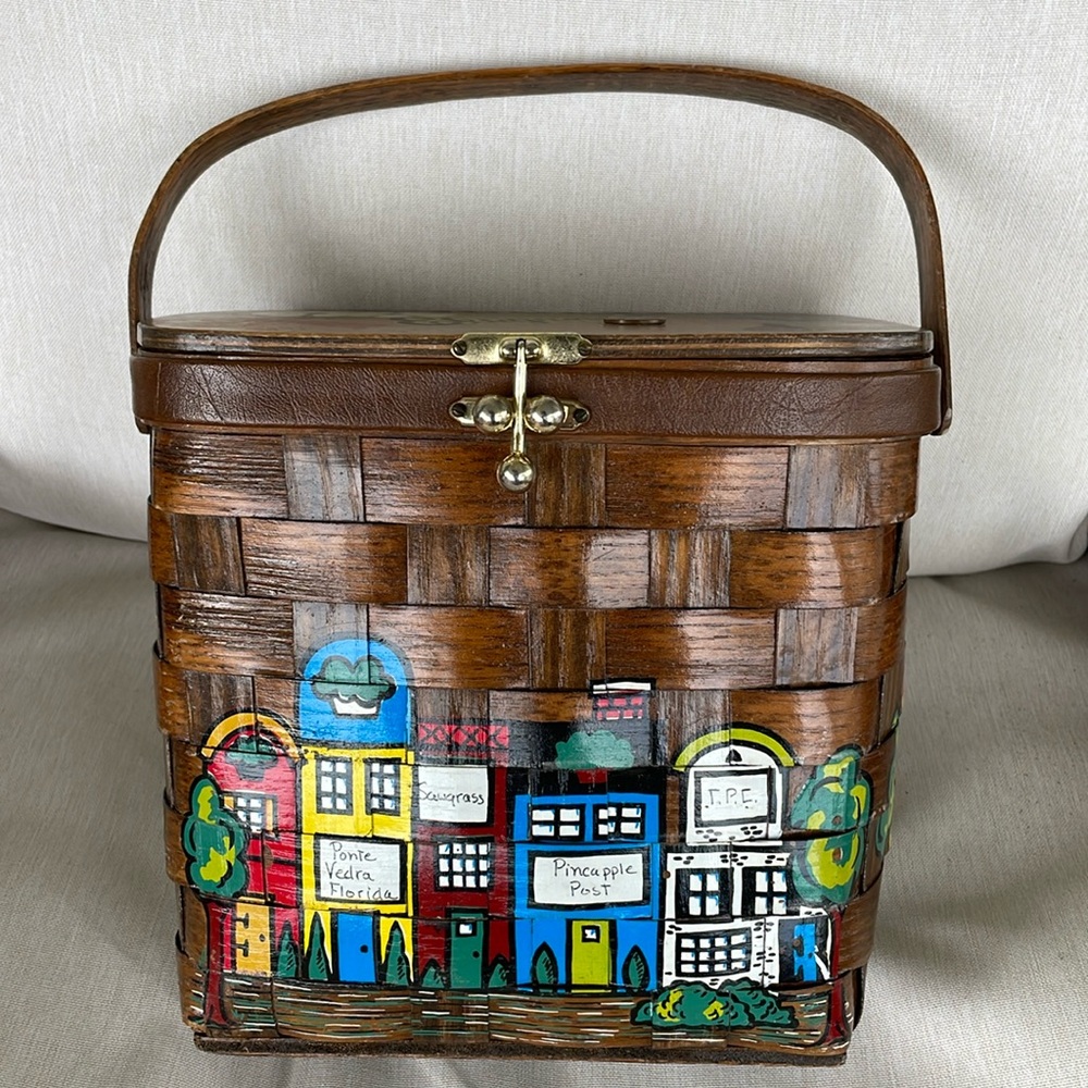 Caro Nan Vintage Wood Painted Basket Purse  with Colorful City Design